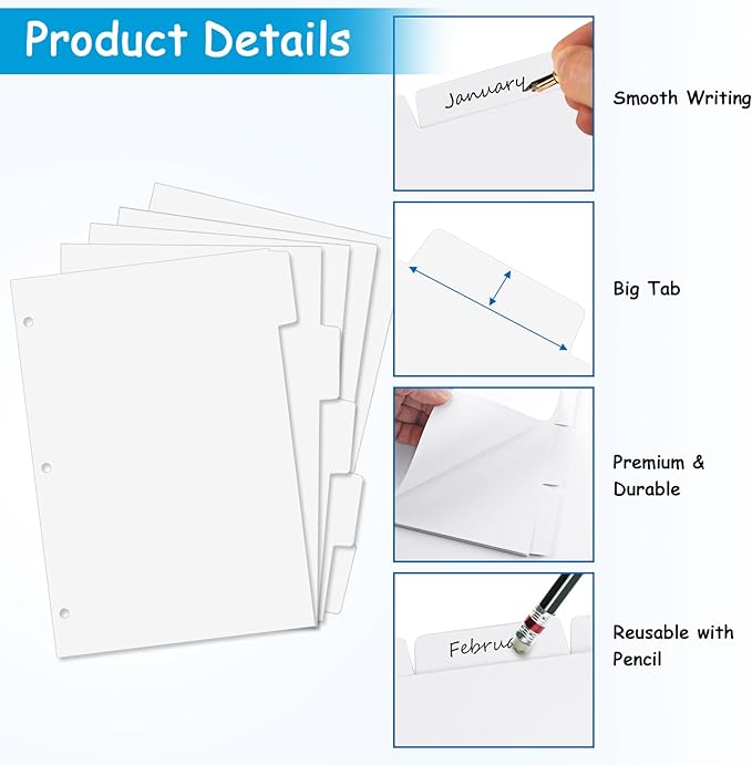 Binder Dividers for 3 Ring Binder, 1/5 Cut Tabs, Letter Size, Blank Write On - Image 3