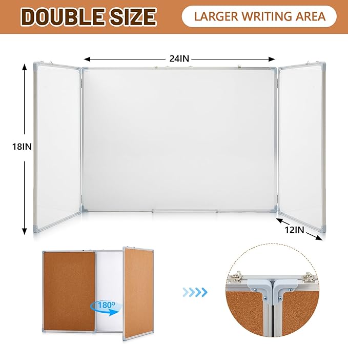 Mooliwe 48"x18" Tri-fold Cork Board Whiteboard Combo, Foldable Combination - Image 2