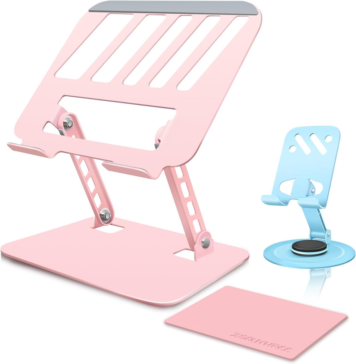 Pink Adjustable Laptop Stand with Phone Holder, Foldable Riser