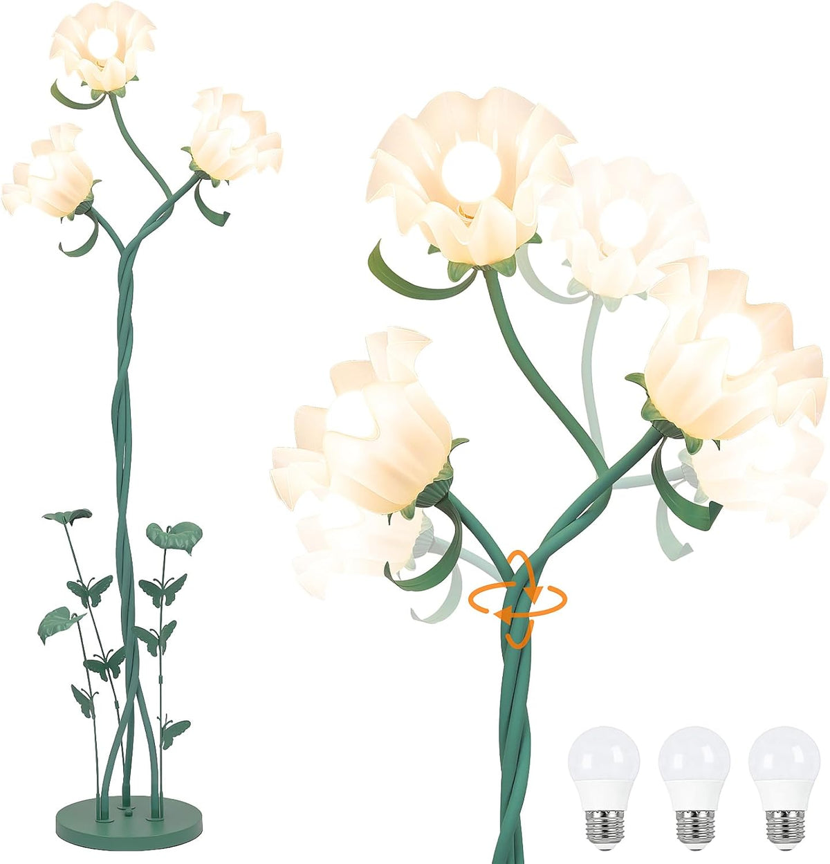 TOBUSA Floor Lamp with 3 Bulbs for Living Room, Cute Vintage Standing Lamp