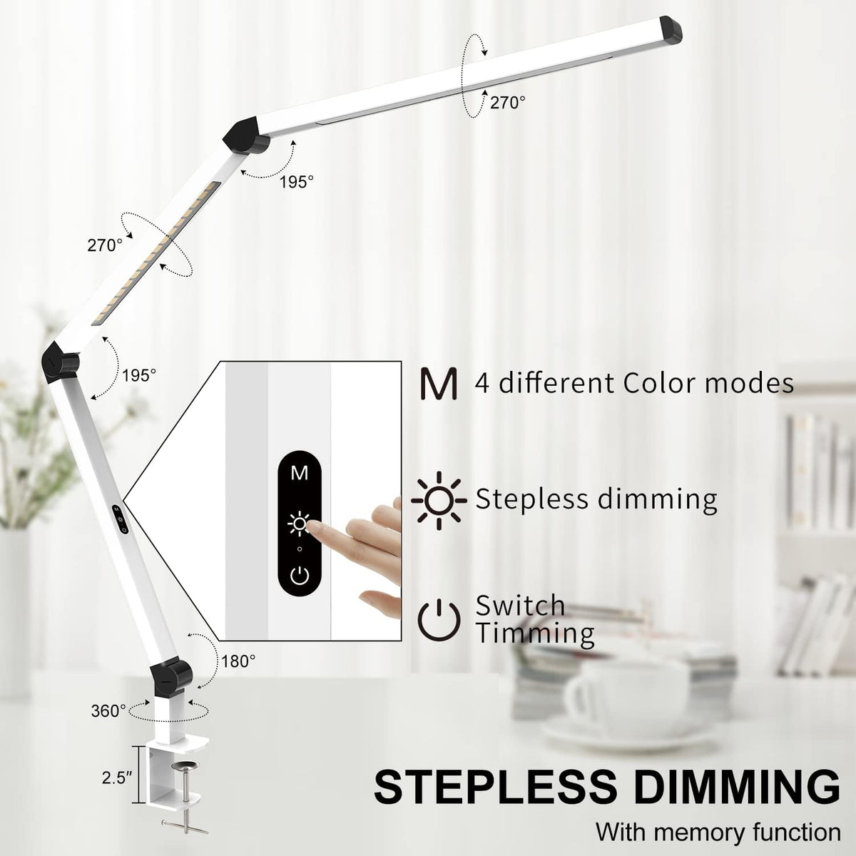 micomlan led desk lamp with clamp, dual light, close-up detail