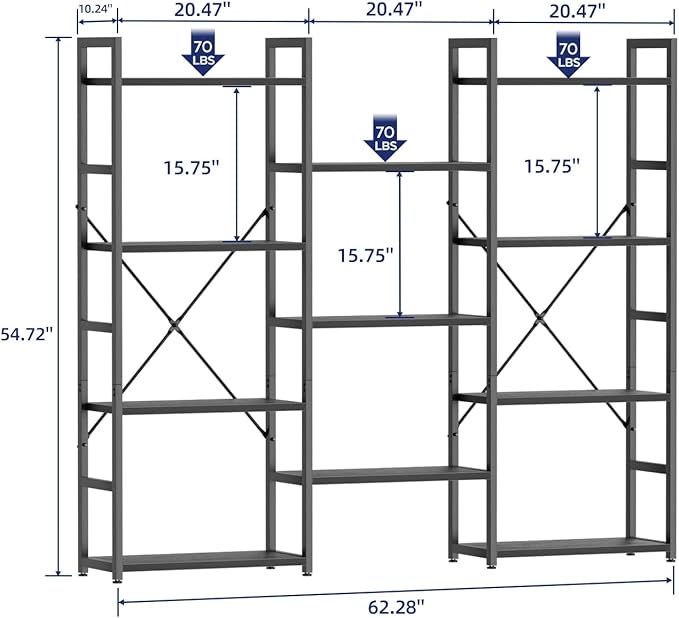 NUMENN Triple Wide 4 Tier Bookshelf, Adjustable Rustic Industrial Style - Image 3