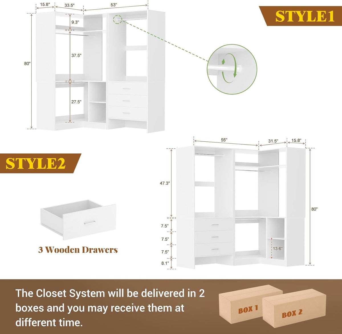 Aheaplus Closet System with 3 Drawers, L-Shaped Closet, Set of 2, White