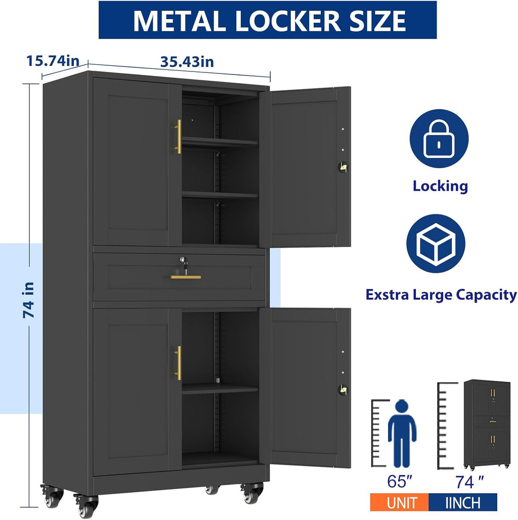 Ckzbx Metal Garage Storage Cabinet with Locking Drawers and Adjustable Shelves,71" H Rolling Tool Storage with Wheels for Garage,Office (Black)