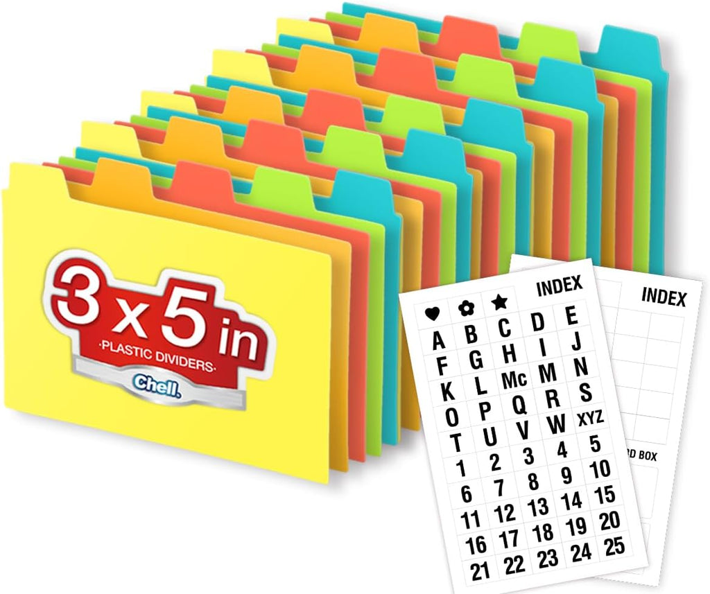 Chell 3"x5" Plastic Index Card Dividers, Primary Colors, 25 Pack | Heavyweight, A-Z, Made of Polypropylene, Alphabetical Stickers, Blank Stickers