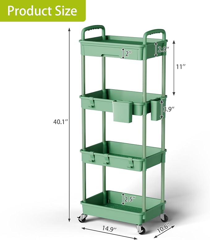 Sorgion 4 Tier Rolling Cart Organizer, Art Craft Diaper Bedside Snack Laundry - Image 3