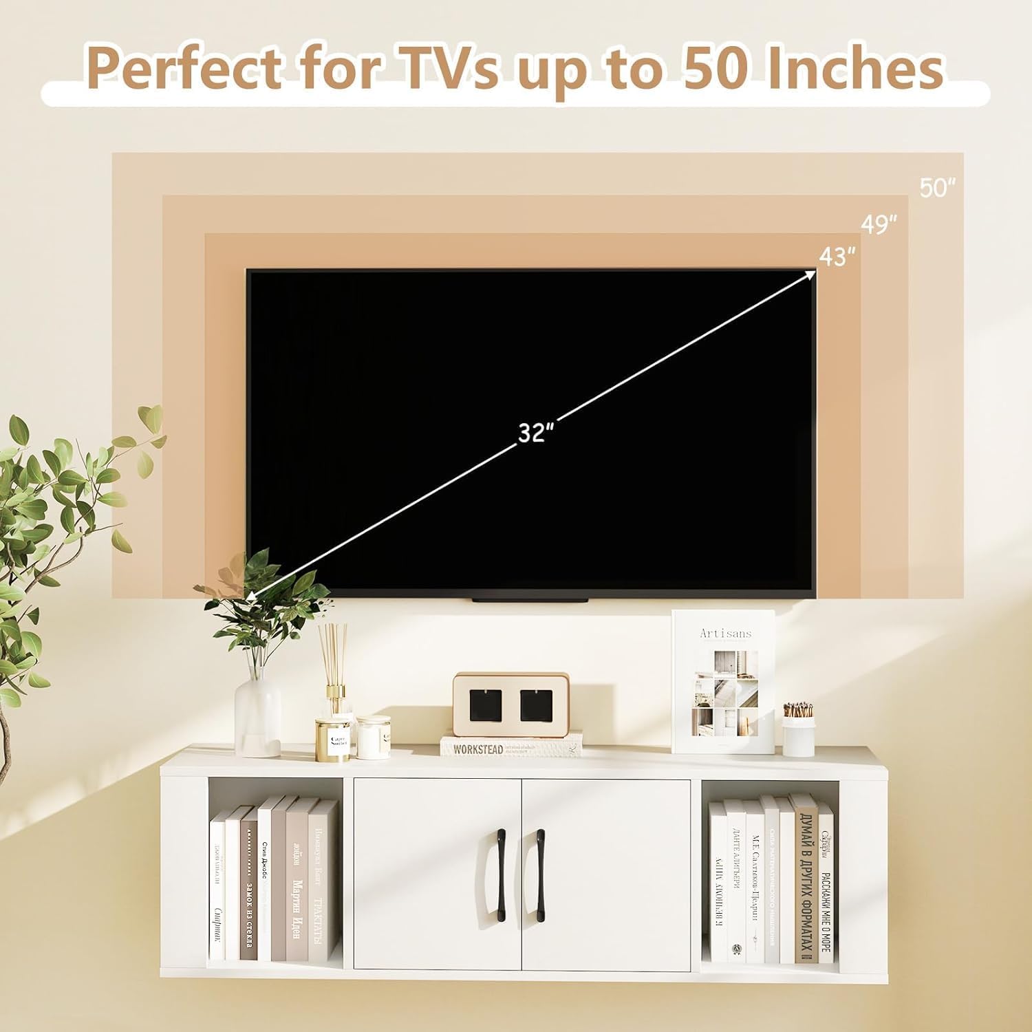 SIMOE Wall Mounted Media Storage Cabinet, Floating Hanging Desk Hutch with Doors and 2 Open Shelves, Floating Console Hutch for Bathroom, Kitchen, Living Room,White, 13" D x 42.5" W x 12" H