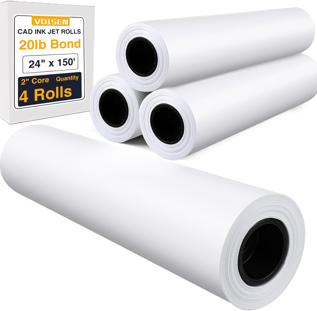 VOISEN Wide Format Paper,4 Rolls Plotter Paper 24 In x 150 Ft, CAD Bond Rolls,20lb,Bond Paper on 2" Core for CAD Printing on Wide Format Ink Jet Printers