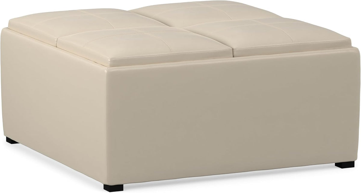 SIMPLIHOME Avalon 35" Wide Vegan Leather Square Storage Ottoman in Cream