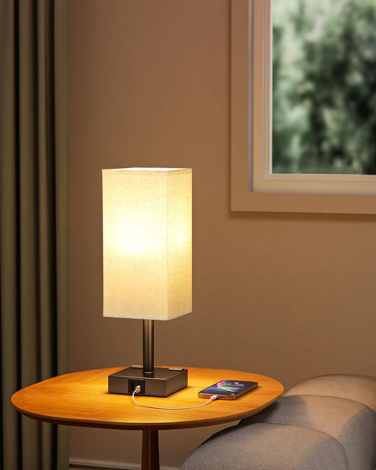 Brown Touch Table Lamp for Bedroom - Dimmable, USB C+A, 2 AC Outlets