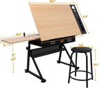 Drafting Table Drawing Desk Reclining Tiltable Tabletop Bundle Set with Stool and 2 Storage Drawers Art Writing Reading Workstation for Office and Home