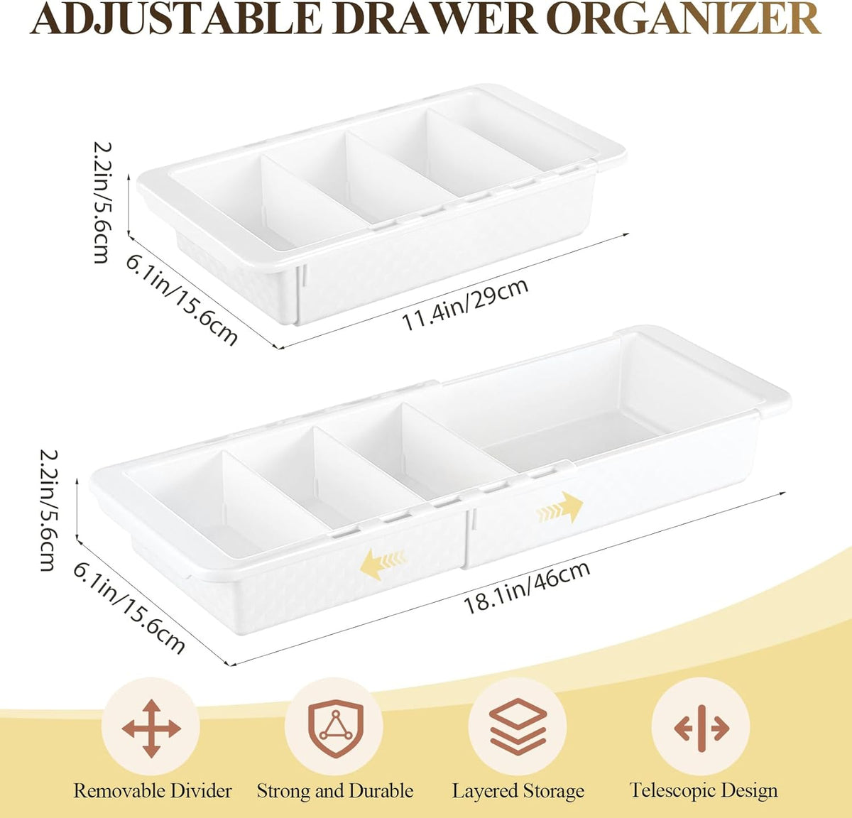 Expandable Deep Drawer Organizer Bins for Desk, White, 5 Pcs