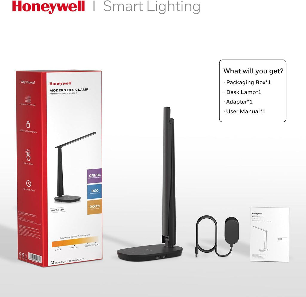 honeywell hwt-h2 led desk lamp, eye-caring full spectrum on a desk or shelf