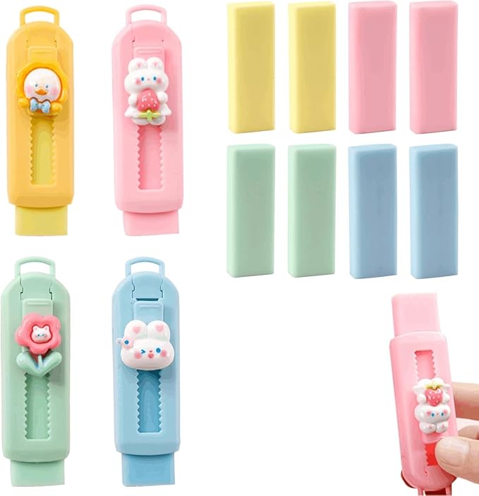 BetterJonny Sliding Retractable Eraser, 4 Color Push Pull Erasers and 8 Refills by BetterJonny