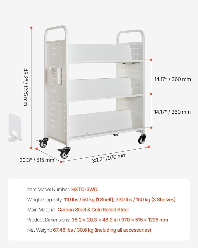 VEVOR Rolling Library Book Cart, 330 lbs Capacity, 38.2 x 20.3 x 48.2-Inch - Image 3