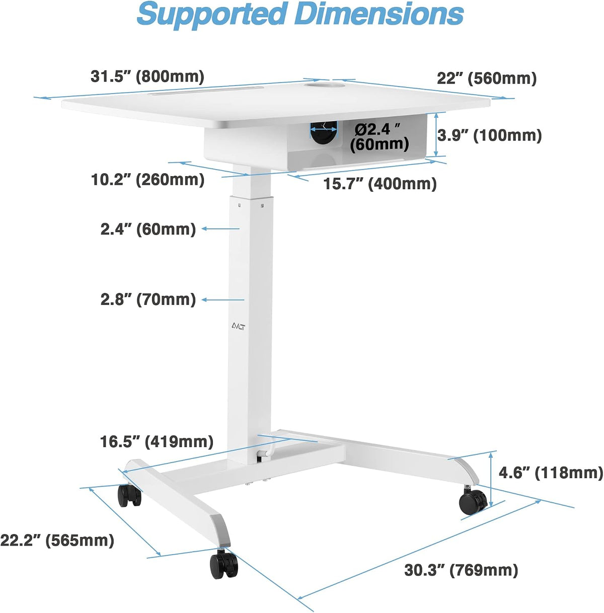 AVLT 44" Height Adjustable Foot Pedal Rolling Desk with Shelf White
