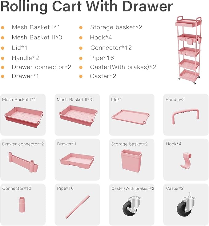 Sorgion 5 Tier Rolling Cart Organizer, Bathroom Cart Organizers - Image 7