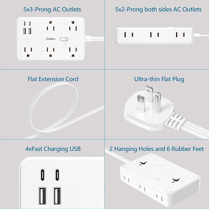 Surge Protector Power Strip 1 FT Flat Extension Cord ，10 AC Outlets & 4 USB - Image 5