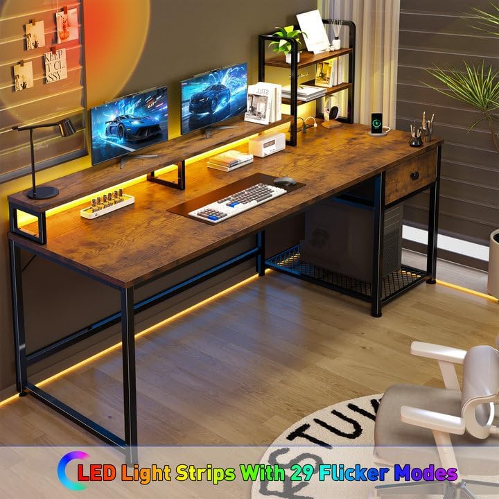 EnHomee 55" Reversible Computer Desk, Hutch, USB & LED, Rustic Brown
