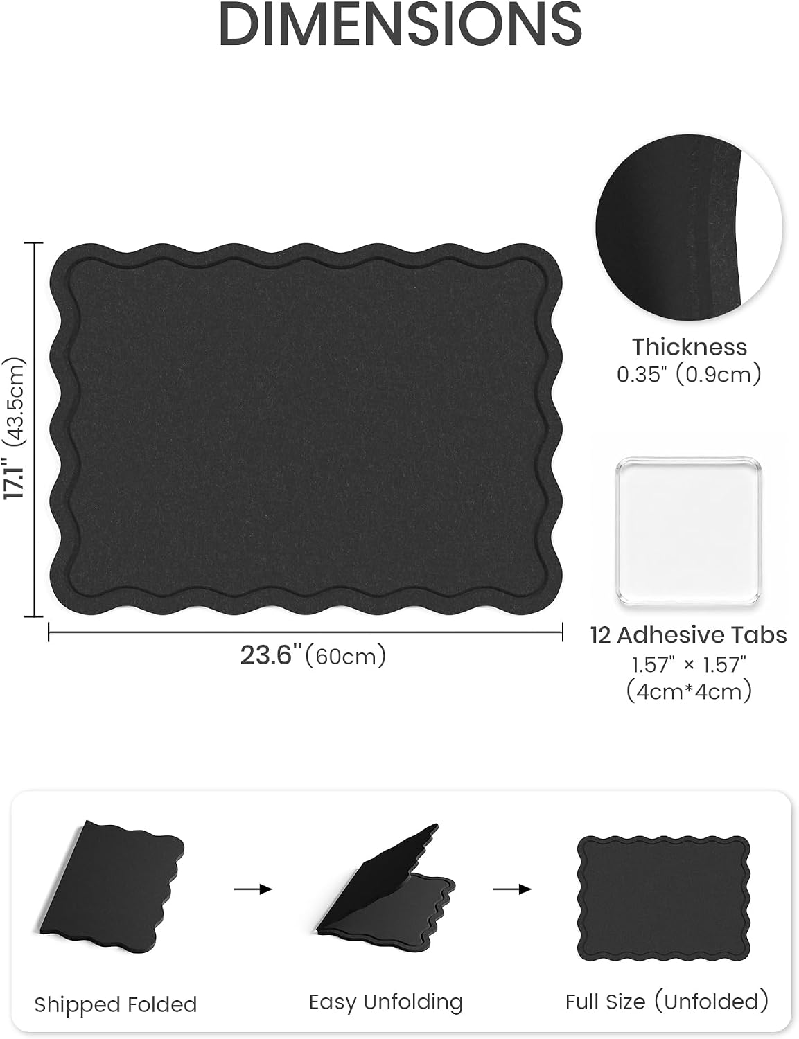 Fluxynara Scalloped Felt Bulletin Board, 23.6"x17.1", Black
