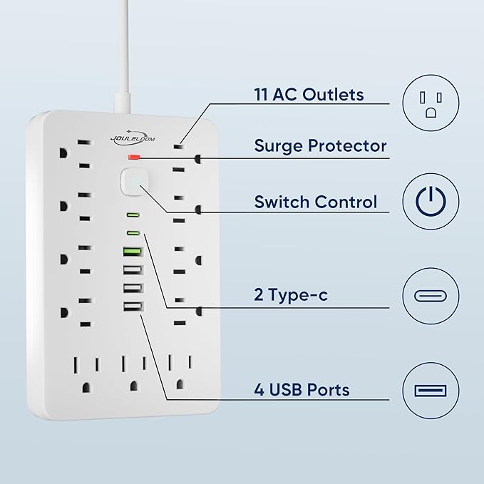 JouleLoom 6 FT Flat Plug Surge Protector Power Strip, 11 Multiple AC Outlets - Image 3