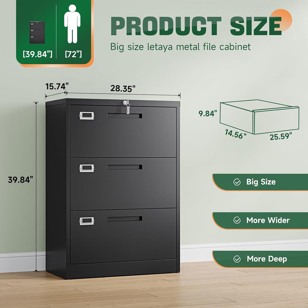 letaya 3 drawer file cabinets with lock,metal lateral, close-up detail