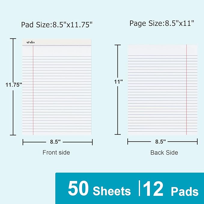 ViVin Legal Pads 8.5 x 11 Inch, Wide Ruled Note Pads, 12 Pack, 50 Sheet/Pad - Image 2
