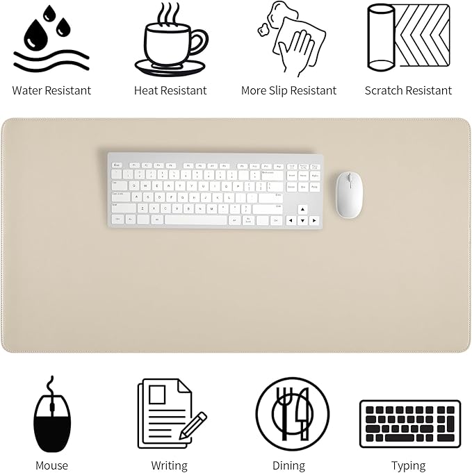 Beige Desk Mat with Stitched Edges, 31.5"×15.7" Keyboard Pad, Non-Slip Desk - Image 4