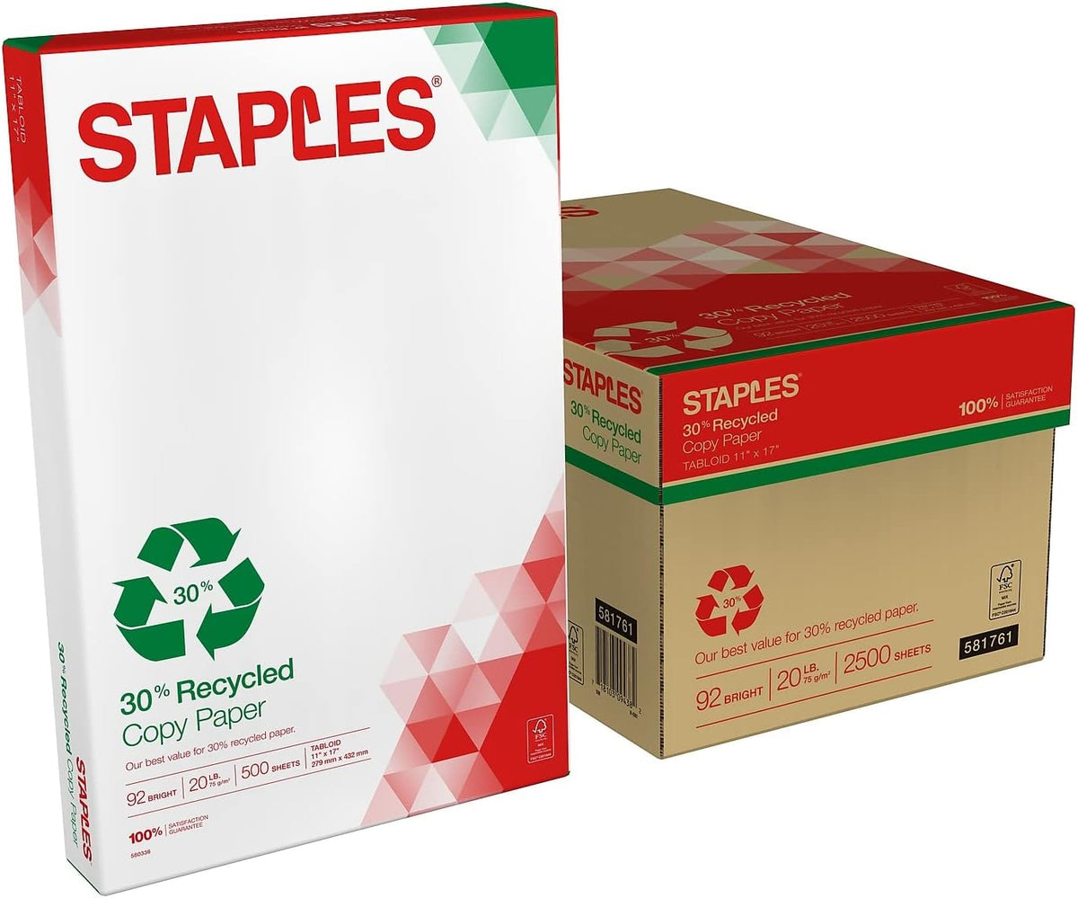 staples 30% recycled copy paper, 11x17 inch, 20, main product view