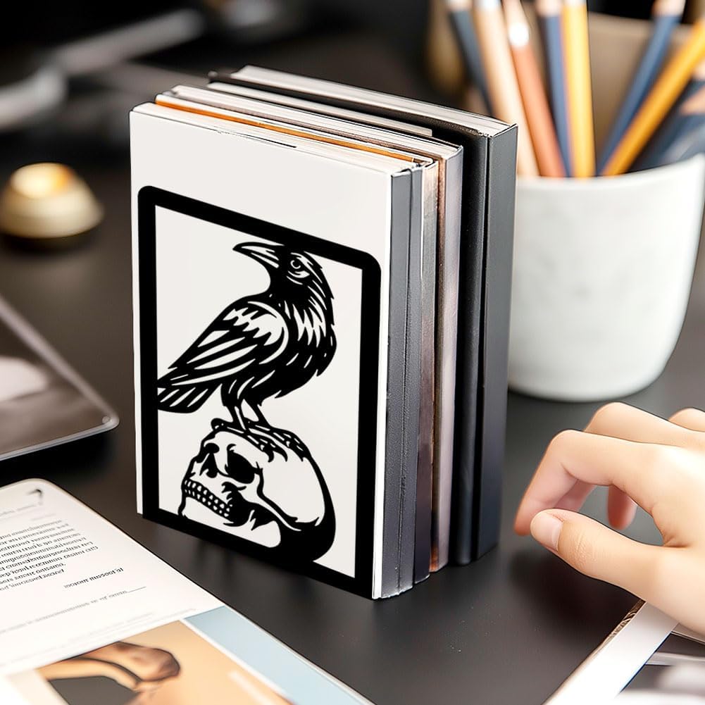 Raven and Skull Decor Gothic Metal Bookends for Shelves, Office Desk Organizer Book Ends for Heavy Books, Home Office Desk Bookshelf Decor Gift for Gothic Lovers and Reading Enthusiasts