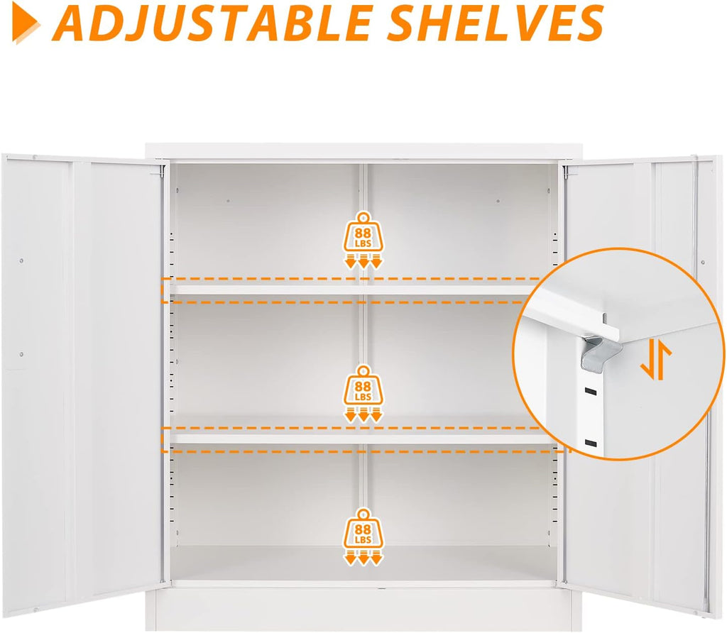 Metal Storage Cabinet, Lockable Steel Storage Cabinet with 2 Doors and Shelves, Metal Cabinet with Lock, Small Locking Cabinet for Home Office (White)