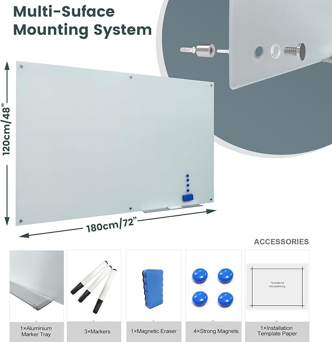 Magnetic Frosted Glass Whiteboard 48"x72" Glass Dry Erase Board 48"x72" Wall - Image 5