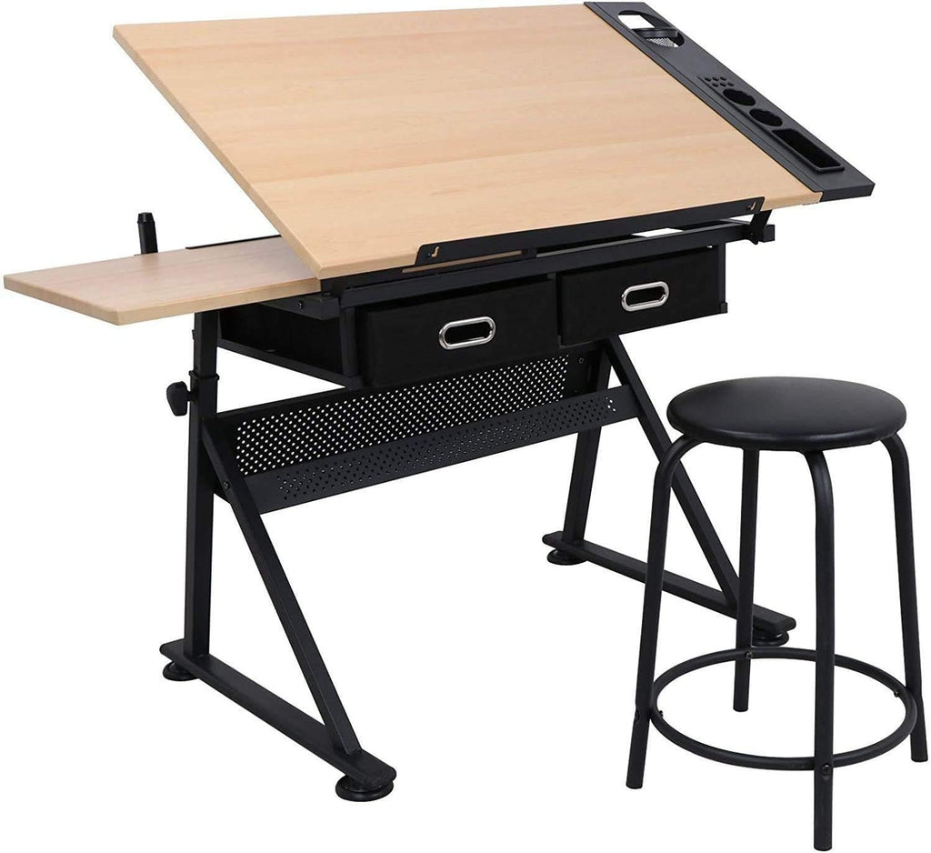 Drafting Table Drawing Desk Reclining Tiltable Tabletop Bundle Set with Stool and 2 Storage Drawers Art Writing Reading Workstation for Office and Home