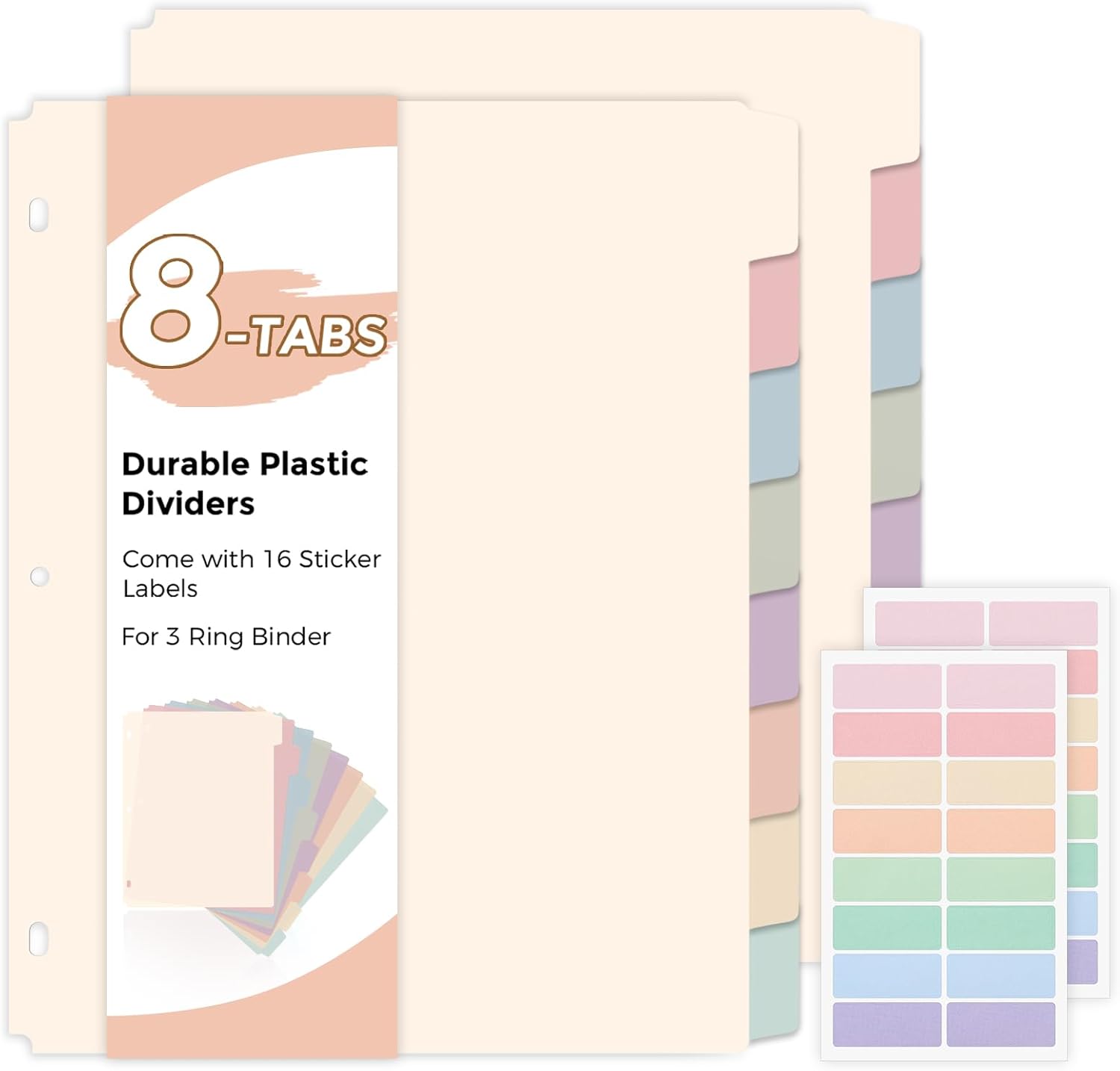 SKYDUE 8-Tab Write&Erase Plastic Dividers for 3 Ring Binder, 2sets | Binder Dividers with Tabs for Letter Size,with Sticker Labels,Divider Organizers for Student, Teacher,Pastels School Supplies