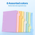 SUNEE 8 Tab Binder Dividers,Plastic Dividers for 3 Ring Binder,3 Ring Binder Dividers with Tabs for School Office Home Supplies,Soft Color, 1 Set