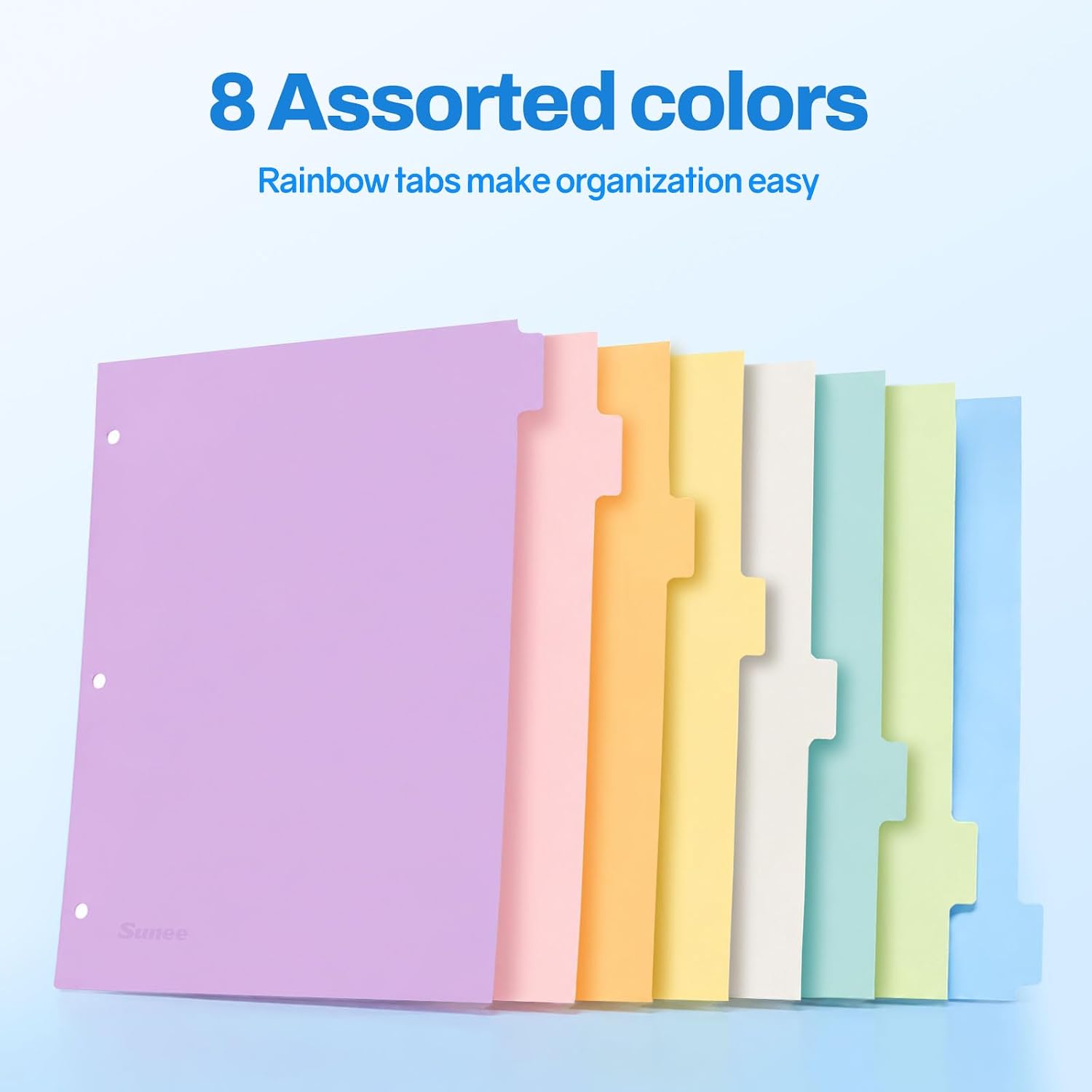 SUNEE 8 Tab Binder Dividers,Plastic Dividers for 3 Ring Binder,3 Ring Binder Dividers with Tabs for School Office Home Supplies,Soft Color, 1 Set