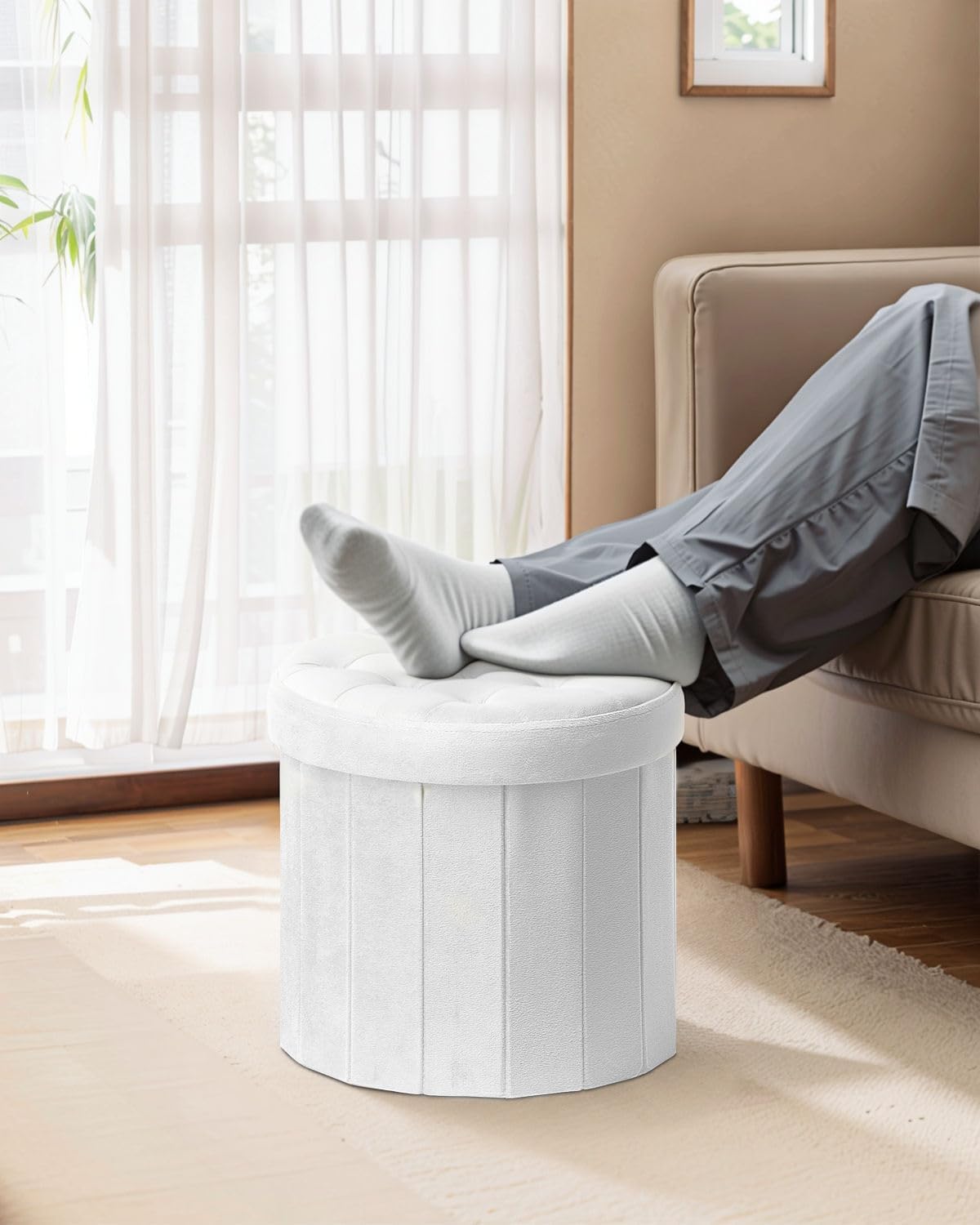Bsketa Round Storage Ottoman, 14" Folding Velvet Foot Stool Rest,White