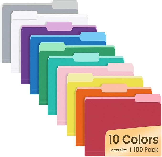 SUNEE File Folders Letter Size 10 Assorted Colors, 100 Pack Folders by SUNEE