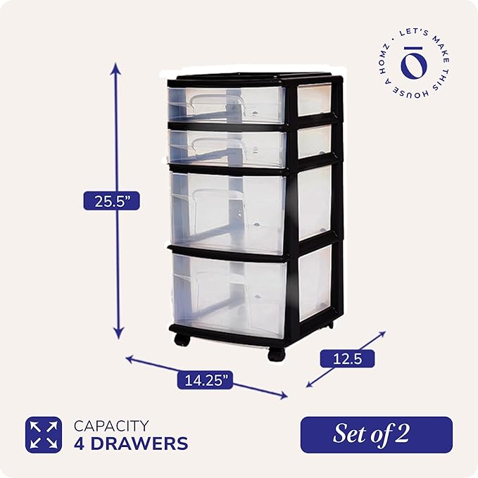 HOMZ 2-Pack Drawer Tower, 4-Tier Clear Plastic Storage Organizer Cart, and - Image 3