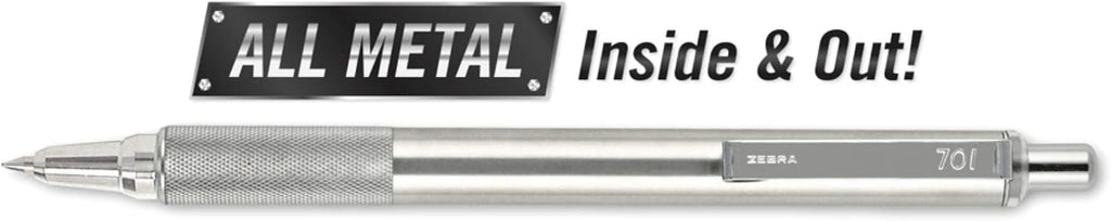 Zebra Pen F-701 Retractable Ballpoint Pen, 0.8mm Fine Point, Stainless Steel Barrel, Black Metal Pen with 2 Ink Refills (Pack of 2)