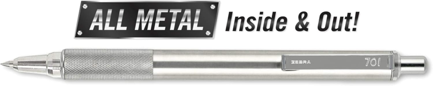 Zebra Pen F-701 Retractable Ballpoint Pen, 0.8mm Fine Point, Stainless Steel Barrel, Black Metal Pen with 2 Ink Refills (Pack of 2)