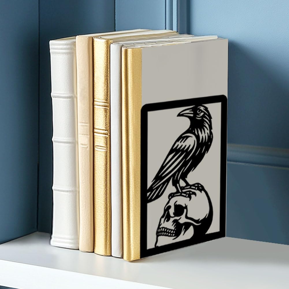 Raven and Skull Decor Gothic Metal Bookends for Shelves, Office Desk Organizer Book Ends for Heavy Books, Home Office Desk Bookshelf Decor Gift for Gothic Lovers and Reading Enthusiasts