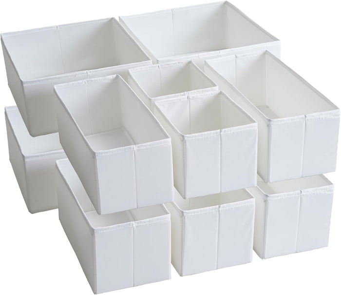 TYEERS Drawer Organizers, Durable Fabric, Washable, with Base Support Boards, Small Storage Boxes for Bathroom, Closet, Dresser, Set of 12, White