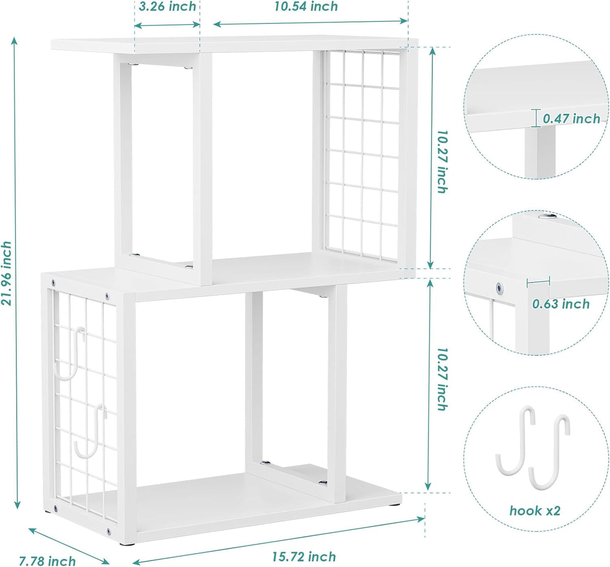 Small Desktop Bookshelf Organizer, White 3-Tier Desk Shelf with Metal Hook Wo...