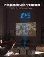 projection alarm clock with fm radio, digital clock, close-up detail