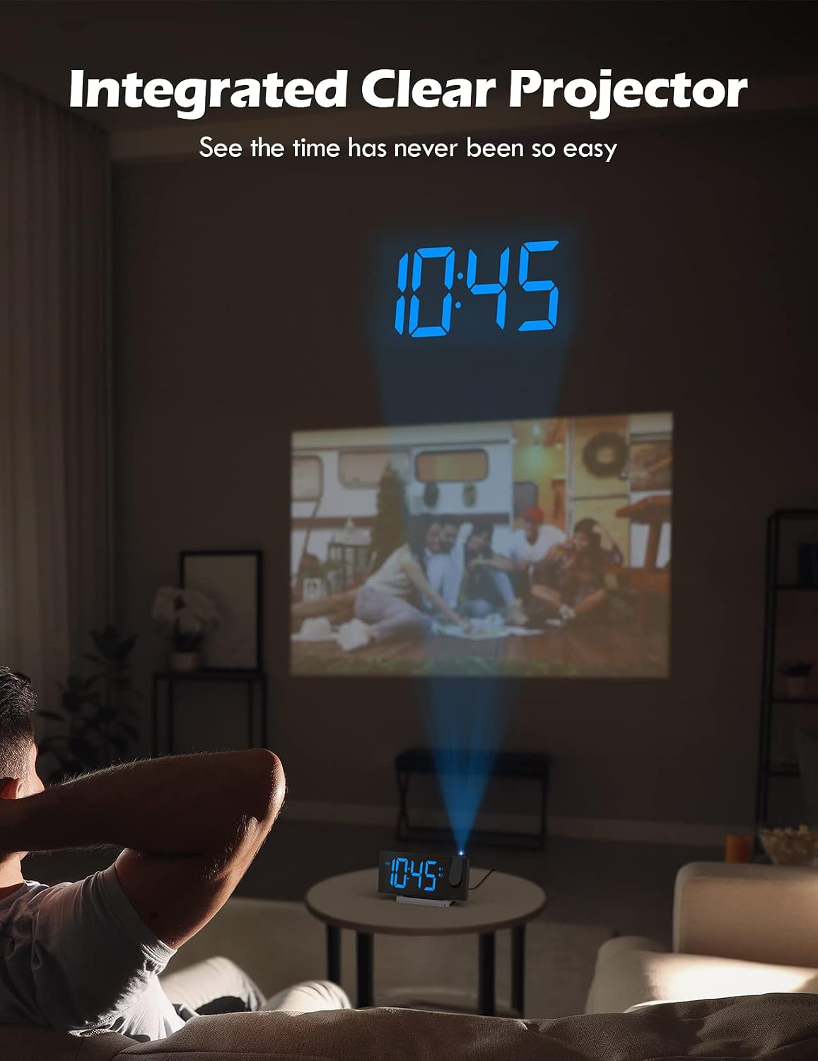 projection alarm clock with fm radio, digital clock, close-up detail