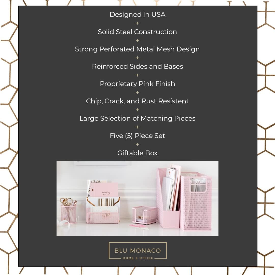 BLU MONACO | Pink Desk Organizer Set | 5 Piece Metal Office Desk Organizer wi...