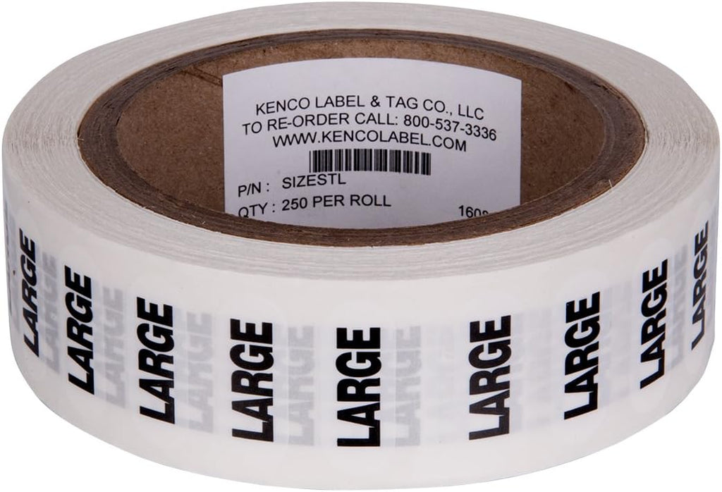 Clothing Size Strip Labels - 1.25" X 5" - 250 Strips Per Roll - Clear with Black and White Ink by Kenco (Large)