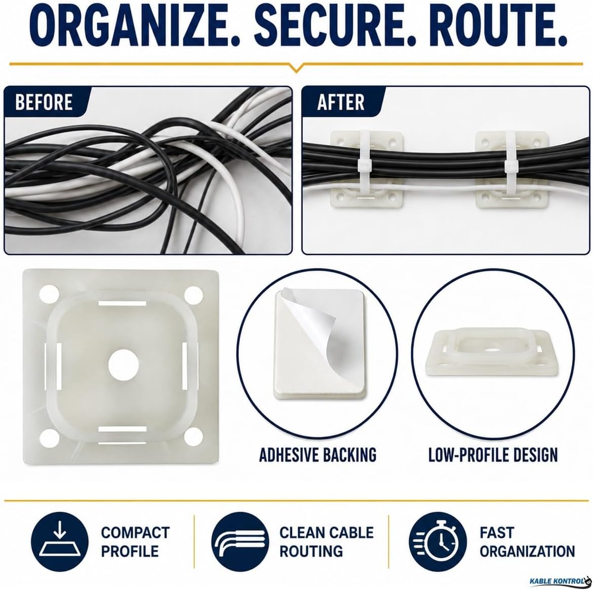 Kable Kontrol Zip Tie Mounts, 1-1/2” Natural White 2500 Pcs Adhesive Backed
