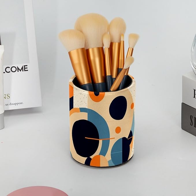 Leather Pen Holder for Desk Geometric Cube Pattern Pencil Cup Desktop Organizer - Image 6